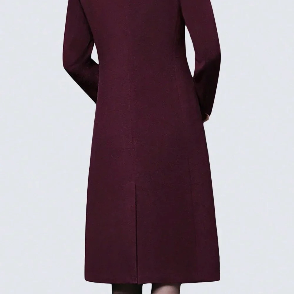 Purple Casual Women's Stylish Double-Breasted Notched Lapel Midi Pea Coat - Picture 2 of 6